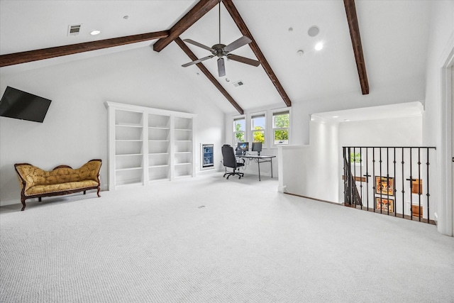 933 Glenhurst Rd, Keller, TX 76248 - carpeted living area featuring an office area, beamed ceiling, a ceiling fan, recessed lighting, and high vaulted ceiling