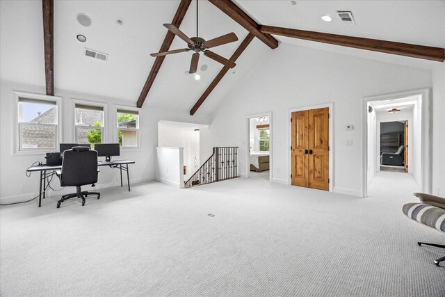 933 Glenhurst Rd, Keller, TX 76248 - carpeted home office with beam ceiling, baseboards, high vaulted ceiling, ceiling fan, and recessed lighting