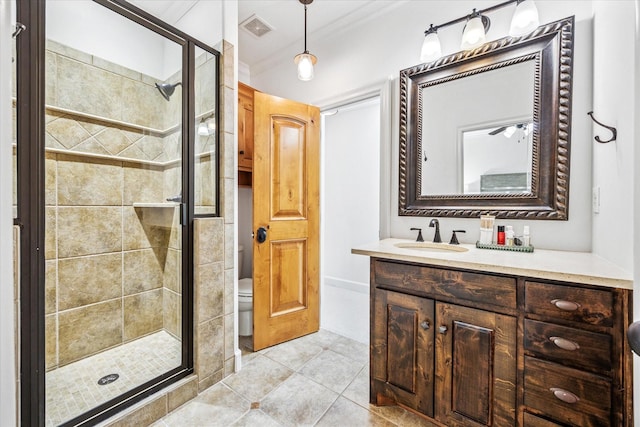 933 Glenhurst Rd, Keller, TX 76248 - bathroom featuring a stall shower, vanity, tile patterned flooring, and toilet
