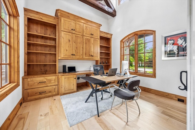 933 Glenhurst Rd, Keller, TX 76248 - office area with light wood-type flooring, built in desk, baseboards, and a high ceiling