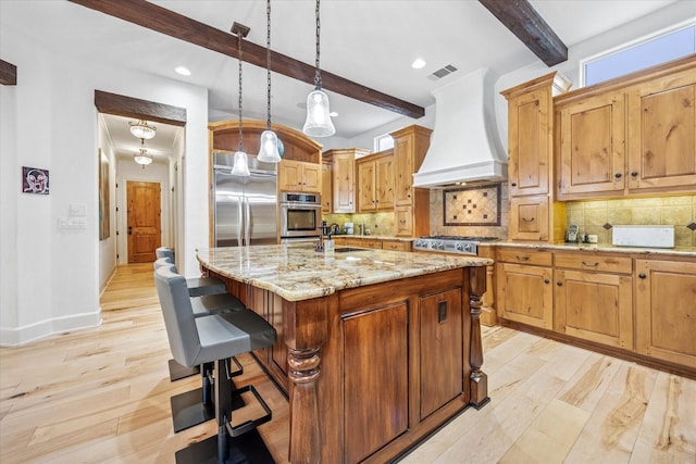933 Glenhurst Rd, Keller, TX 76248 - kitchen with stainless steel appliances, premium range hood, beam ceiling, a sink, and tasteful backsplash