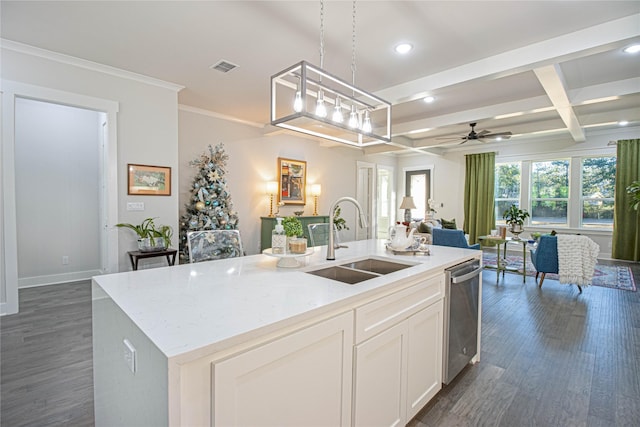 3928 Hogan Dr, Tyler, TX 75709 - kitchen featuring a sink, open floor plan, dishwasher, ceiling fan, and dark wood-style flooring