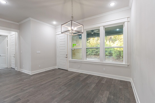 3928 Hogan Dr, Tyler, TX 75709 - unfurnished dining area featuring dark wood-style flooring, baseboards, crown molding, a chandelier, and recessed lighting