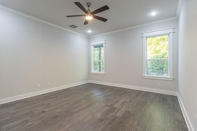 3928 Hogan Dr, Tyler, TX 75709 - spare room featuring ceiling fan, dark wood-style flooring, baseboards, crown molding, and recessed lighting