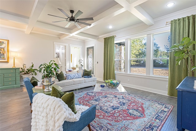 3928 Hogan Dr, Tyler, TX 75709 - living room with coffered ceiling, a ceiling fan, wood finished floors, beamed ceiling, and baseboards