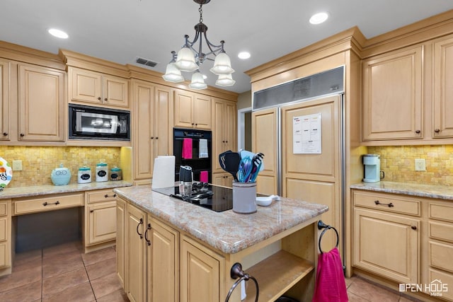 4403 Nassau Dr, Wichita Falls, TX 76308 - kitchen with black appliances, light tile patterned floors, open shelves, light brown cabinets, and decorative backsplash