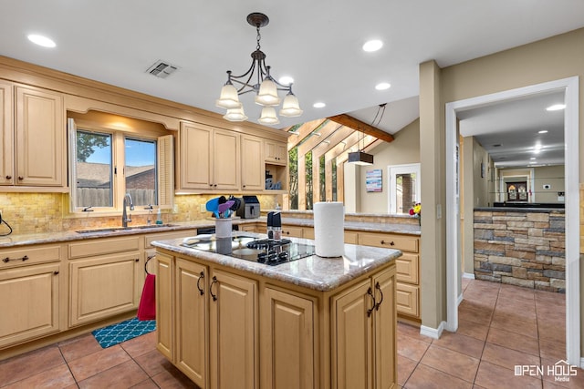 4403 Nassau Dr, Wichita Falls, TX 76308 - kitchen featuring a sink, black electric cooktop, a kitchen island, backsplash, and recessed lighting
