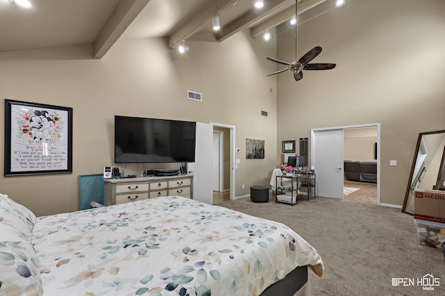 4403 Nassau Dr, Wichita Falls, TX 76308 - carpeted bedroom with rail lighting, high vaulted ceiling, and baseboards
