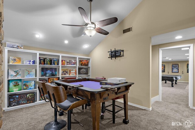 4403 Nassau Dr, Wichita Falls, TX 76308 - home office featuring billiards, carpet, lofted ceiling, a ceiling fan, and baseboards
