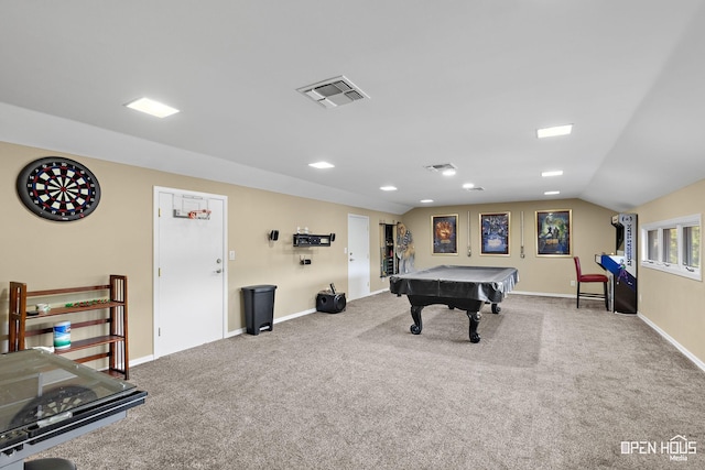4403 Nassau Dr, Wichita Falls, TX 76308 - game room featuring pool table, carpet flooring, lofted ceiling, and baseboards