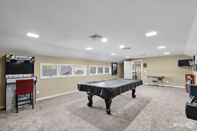 4403 Nassau Dr, Wichita Falls, TX 76308 - rec room featuring billiards table, carpet, baseboards, and lofted ceiling