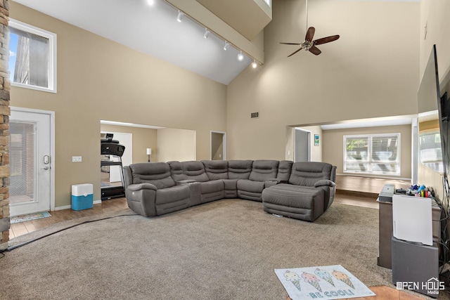 4403 Nassau Dr, Wichita Falls, TX 76308 - living room featuring rail lighting, high vaulted ceiling, ceiling fan, and wood finished floors