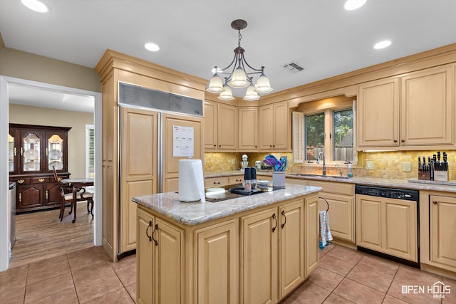 4403 Nassau Dr, Wichita Falls, TX 76308 - kitchen with a sink, paneled appliances, light tile patterned flooring, a chandelier, and healthy amount of natural light