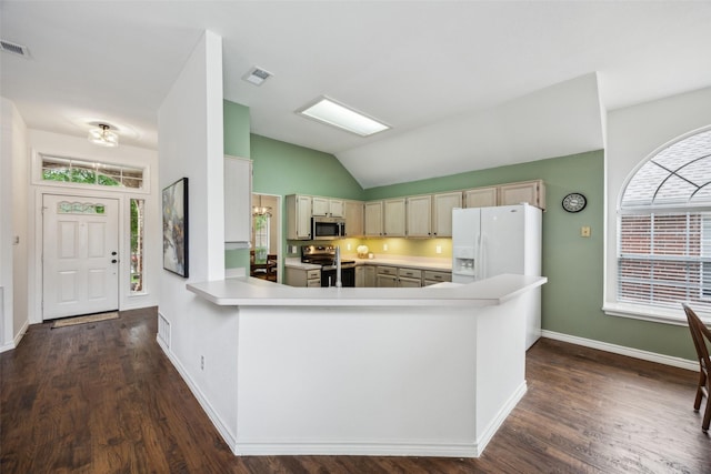 8630 Hidden Spring Dr, Frisco, TX 75034 - kitchen with stainless steel appliances, light countertops, dark wood-type flooring, vaulted ceiling, and baseboards