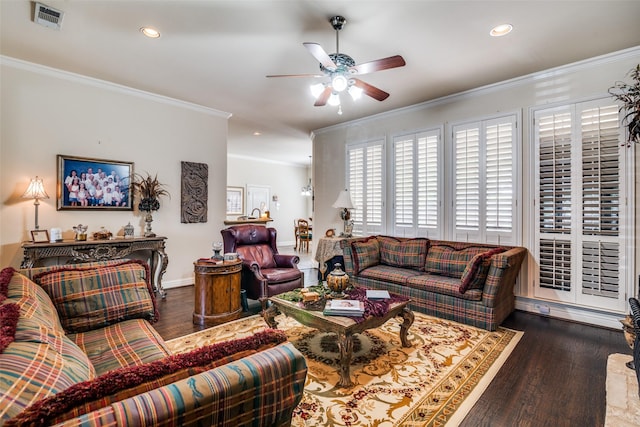 2305 Rosser Ct, Rowlett, TX 75088 - living room featuring a ceiling fan, hardwood / wood-style floors, recessed lighting, crown molding, and baseboards