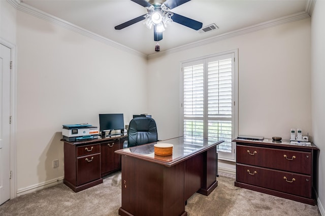 2305 Rosser Ct, Rowlett, TX 75088 - home office with light carpet, crown molding, a ceiling fan, and baseboards