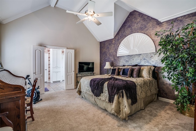 2305 Rosser Ct, Rowlett, TX 75088 - carpeted bedroom featuring baseboards, a ceiling fan, high vaulted ceiling, and wallpapered walls