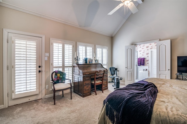 2305 Rosser Ct, Rowlett, TX 75088 - carpeted bedroom featuring high vaulted ceiling, ornamental molding, access to outside, baseboards, and a ceiling fan