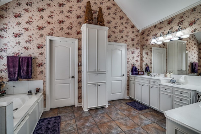 2305 Rosser Ct, Rowlett, TX 75088 - bathroom with wallpapered walls, ornamental molding, vaulted ceiling, vanity, and a bath