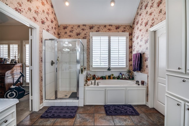 2305 Rosser Ct, Rowlett, TX 75088 - full bathroom featuring wallpapered walls, a stall shower, a bath, and crown molding