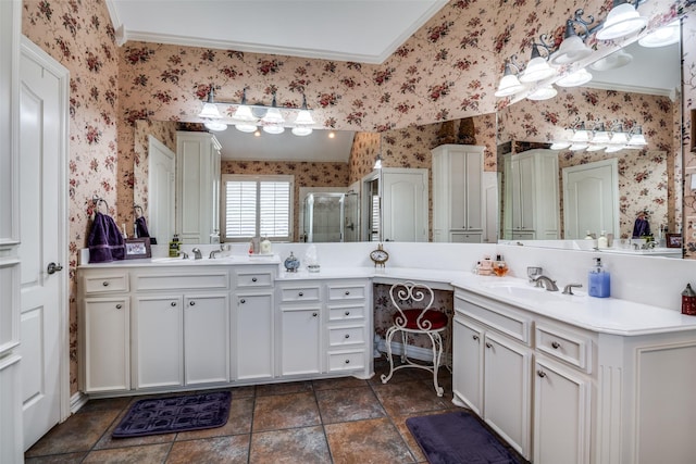 2305 Rosser Ct, Rowlett, TX 75088 - full bath featuring wallpapered walls, ornamental molding, a stall shower, and two vanities