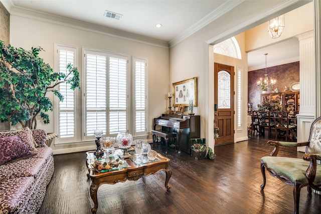 2305 Rosser Ct, Rowlett, TX 75088 - living area featuring a chandelier, dark wood-type flooring, ornamental molding, and baseboards