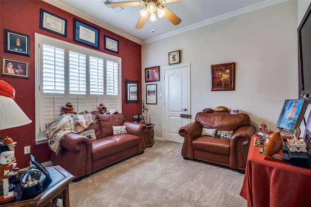 2305 Rosser Ct, Rowlett, TX 75088 - living area featuring ceiling fan, crown molding, and carpet flooring