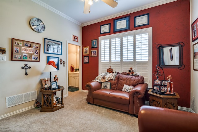 2305 Rosser Ct, Rowlett, TX 75088 - carpeted living room featuring ceiling fan, crown molding, and baseboards