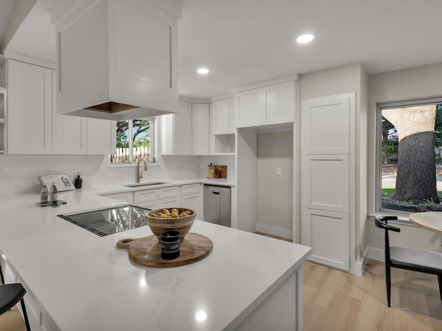 8521 Brookridge Dr, North Richland Hills, TX 76182 - kitchen with dishwasher, white cabinetry, a peninsula, light wood-style floors, and light countertops
