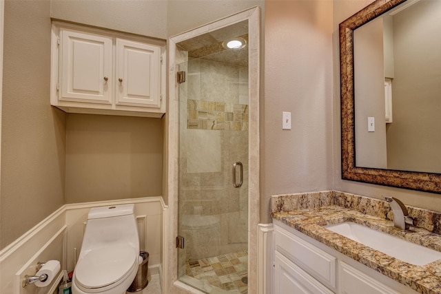 3213 Louis Dr, Plano, TX 75023 - bathroom featuring toilet, a stall shower, and vanity