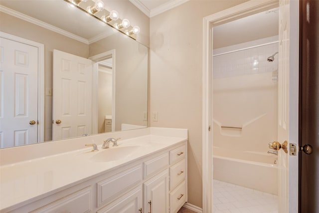 3213 Louis Dr, Plano, TX 75023 - full bathroom featuring shower / washtub combination, vanity, and ornamental molding