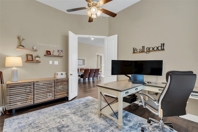 9012 Terrel St, Lantana, TX 76226 - office space featuring a ceiling fan, wood finished floors, high vaulted ceiling, and baseboards