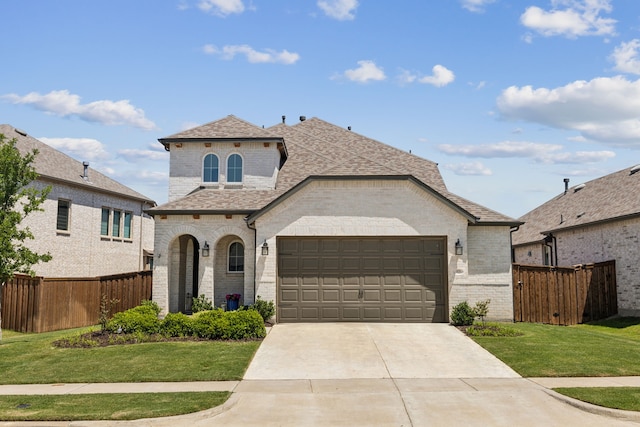 1825 Pelham Dr, Aubrey, TX 76227 - french country home featuring brick siding, a garage, a shingled roof, and concrete driveway