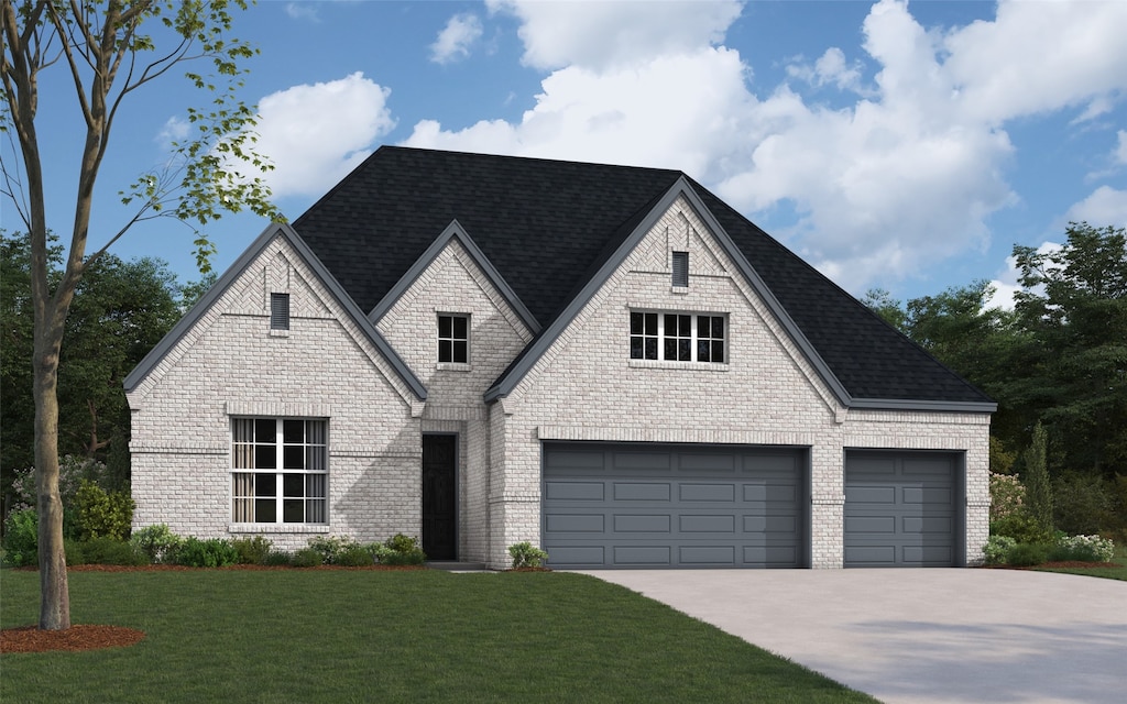 1203 Bonchester Ln, Forney, TX 75126 - view of front of home with concrete driveway, a front lawn, a shingled roof, and brick siding