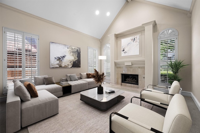 934 Hills Creek Dr, Mckinney, TX 75072 - living area featuring high vaulted ceiling, a tile fireplace, baseboards, recessed lighting, and beamed ceiling