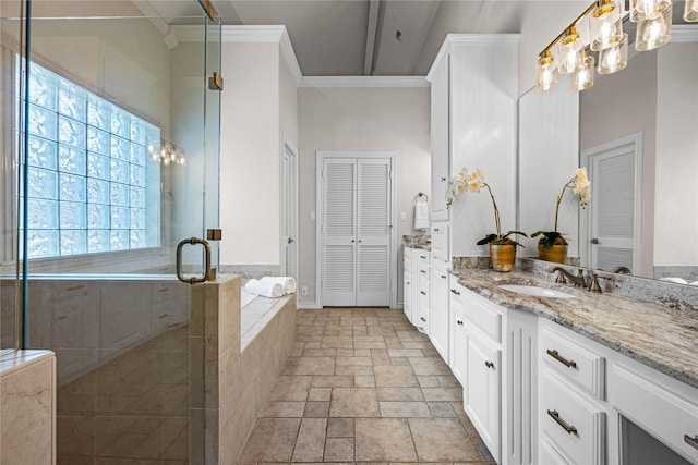 934 Hills Creek Dr, Mckinney, TX 75072 - full bathroom featuring stone tile flooring, a shower stall, ornamental molding, vanity, and a chandelier