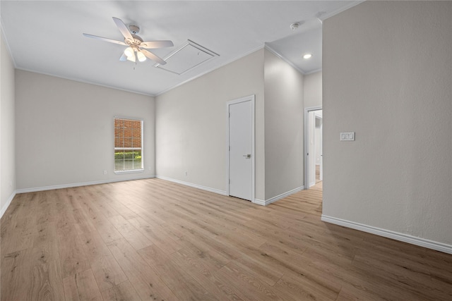934 Hills Creek Dr, Mckinney, TX 75072 - empty room with attic access, ceiling fan, crown molding, light wood-style floors, and baseboards
