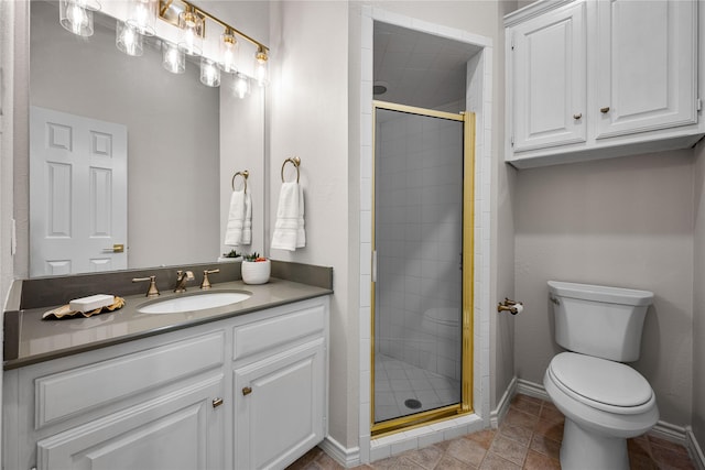 934 Hills Creek Dr, Mckinney, TX 75072 - bathroom featuring a shower stall, toilet, vanity, baseboards, and tile patterned flooring