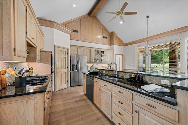 934 Hills Creek Dr, Mckinney, TX 75072 - kitchen with stainless steel fridge with ice dispenser, a sink, light brown cabinets, dishwasher, and backsplash