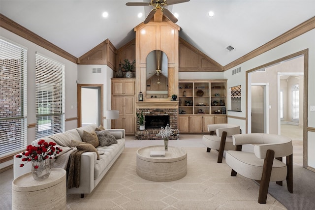 934 Hills Creek Dr, Mckinney, TX 75072 - living area with ceiling fan, high vaulted ceiling, a fireplace, plenty of natural light, and light carpet