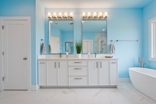 477 Willow Moon Ranch Rd, Crawford, TX 76638 - full bath featuring marble finish flooring, a stall shower, baseboards, and a freestanding tub