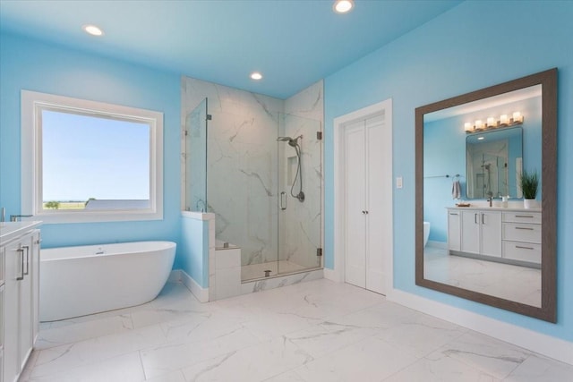 477 Willow Moon Ranch Rd, Crawford, TX 76638 - bathroom with marble finish floors, vanity, a marble finish shower, baseboards, and recessed lighting