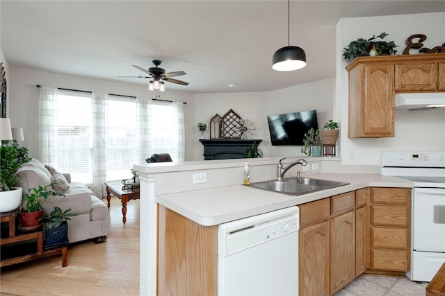 10617 Big Oak Dr, Fort Worth, TX 76131 - kitchen with a sink, white appliances, open floor plan, and under cabinet range hood