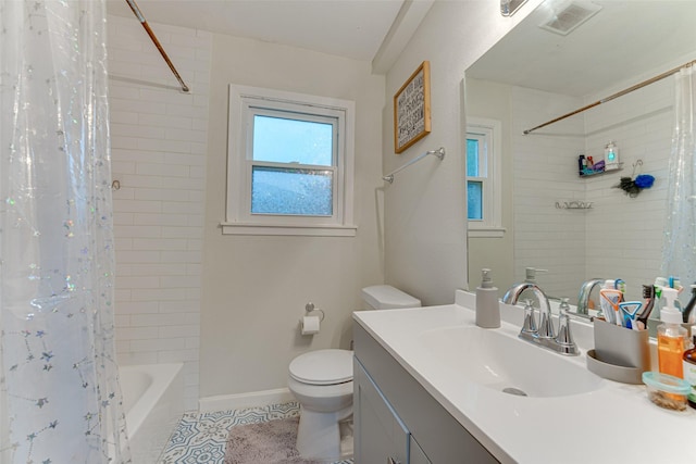 3444 Kellogg Ave, Dallas, TX 75216 - bathroom featuring toilet, tile patterned floors, vanity, shower / tub combo with curtain, and baseboards