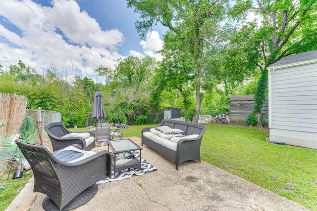 3444 Kellogg Ave, Dallas, TX 75216 - view of patio / terrace with a storage shed, outdoor lounge area, and an outbuilding