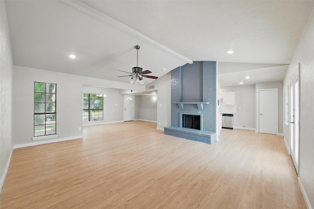2833 Miller Pl, Mesquite, TX 75150 - unfurnished living room featuring light wood-style flooring, a fireplace, ceiling fan, baseboards, and recessed lighting