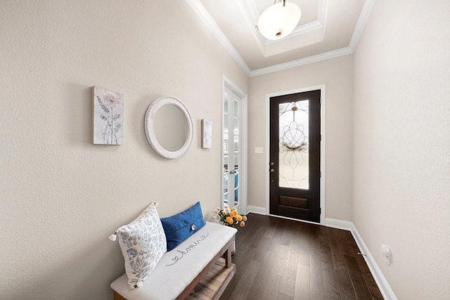 481 Washington Ave, Waxahachie, TX 75165 - entryway with dark wood-type flooring, crown molding, baseboards, and a tray ceiling