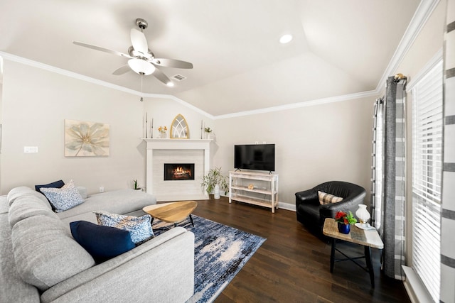 481 Washington Ave, Waxahachie, TX 75165 - living room with ceiling fan, wood finished floors, ornamental molding, a fireplace, and baseboards