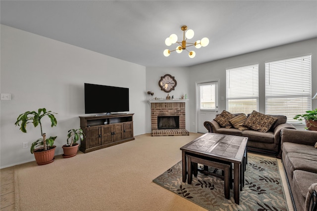 2336 Bermont Red Ln, Fort Worth, TX 76131 - carpeted living area featuring a chandelier and a fireplace
