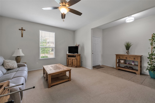 2336 Bermont Red Ln, Fort Worth, TX 76131 - living room with light colored carpet, a ceiling fan, and baseboards